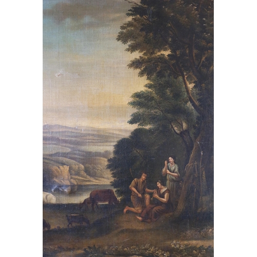 232 - An 18th Century Bucolic Scene depicting cowherds playing a pipe, unsigned, oil on canvas, 143 x 105 ... 