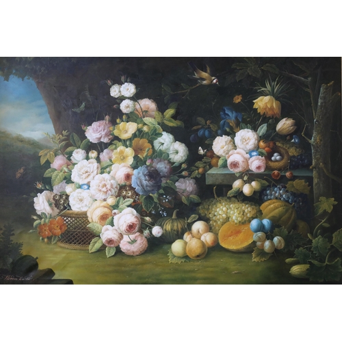 234 - Thomas Webster, 20th/21st Century. Roses, parrot tulips, plums, pumpkins and butterflies in a landsc... 