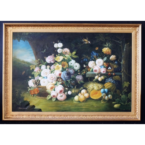 234 - Thomas Webster, 20th/21st Century. Roses, parrot tulips, plums, pumpkins and butterflies in a landsc... 