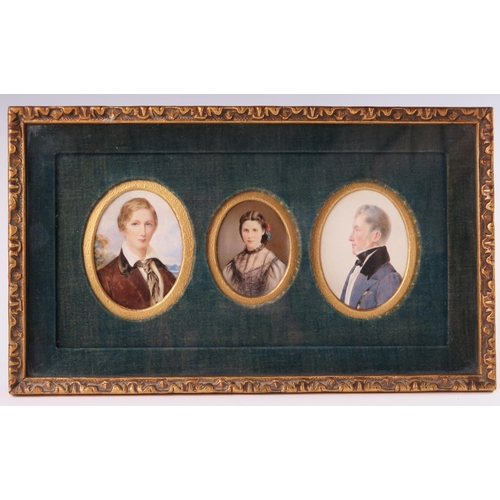 239 - A 19th Century Framed Set of Three Miniature Portraits, labels verso identifying the sitters as Thom... 