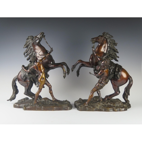 247 - A Pair of French Bronze Marly Horses, bases signed Coustou, 45 cm high, bases 33.5 cm