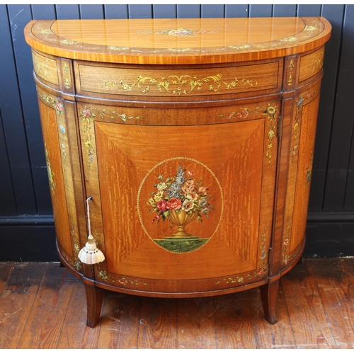 251 - An Edwardian Painted Satinwood Demi Lune Cabinet decorated with flowers, 84(w) x 42(d) x 84(h) cm