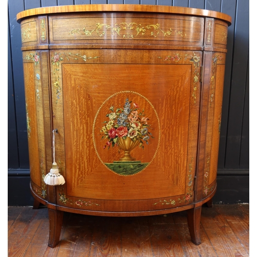 251 - An Edwardian Painted Satinwood Demi Lune Cabinet decorated with flowers, 84(w) x 42(d) x 84(h) cm