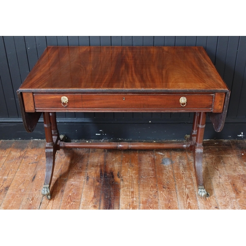 258 - An Early C19th Regency Mahogany and Tulipwood Crossbanded Sofa Table with a frieze drawer, on brass ... 