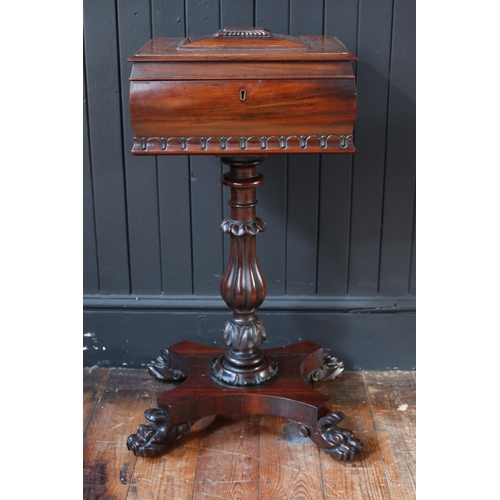 262 - A William IV Rosewood Teapoy raised on a single column with quadruped lion paw feet, 44(w) x 37(d) x... 