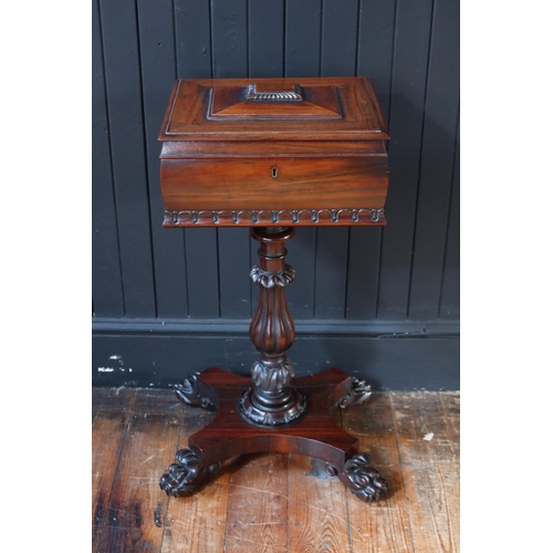 262 - A William IV Rosewood Teapoy raised on a single column with quadruped lion paw feet, 44(w) x 37(d) x... 