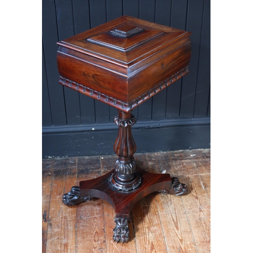 262 - A William IV Rosewood Teapoy raised on a single column with quadruped lion paw feet, 44(w) x 37(d) x... 