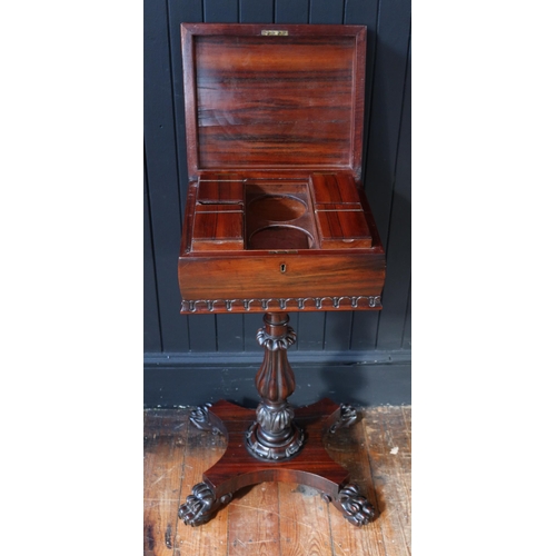 262 - A William IV Rosewood Teapoy raised on a single column with quadruped lion paw feet, 44(w) x 37(d) x... 