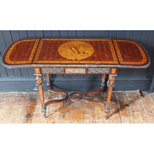 267 - A 19th Century French Parquetry and Marquetry Inlaid Drop Leaf Table with ormolu mounts, 62/110(w) x... 