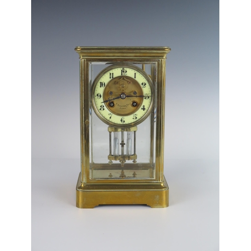 279 - A 19th Century Brass Four Glass Mantle Clock signed P. PLANTIER FILS LISBOA and with mercury pendulu... 