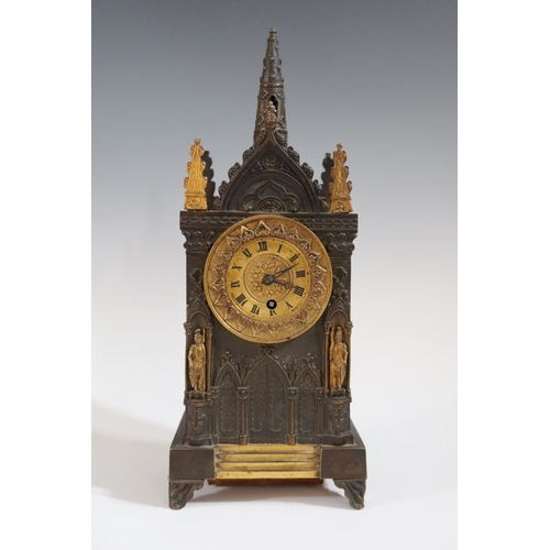 284 - A 19th Century Bronze and Gilt Gothic Style Architectural Mantle Clock, 32.5cm high.