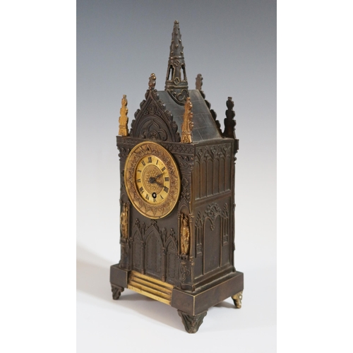 284 - A 19th Century Bronze and Gilt Gothic Style Architectural Mantle Clock, 32.5cm high.