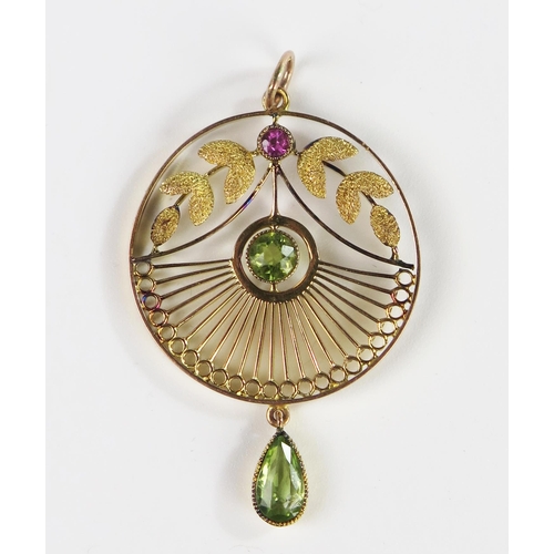 300 - A Victorian 9ct Gold, Peridot and Amethyst Pendant, stamped 9ct to hander, boxed, 44mm drop, 2.7g