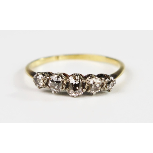 301 - An 18ct Gold and Five Stone Old Cut Diamond Ring, size R.5, 2.3g. Head of ring 17mm, largest stone 4... 