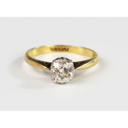 302 - An 18ct Yellow Gold and Platinum Old Cushion Cut Diamond Solitaire Ring, size L.5, 2.3g. Stone 5.8 x... 