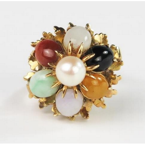 308 - A Chinese 14K Pearl and Multi Stone Cluster Ring, size O, 9.5h. Head 22mm diam. x 17mm high, 9.6g