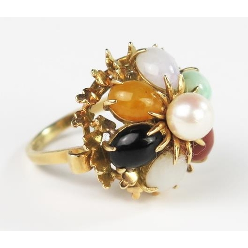 308 - A Chinese 14K Pearl and Multi Stone Cluster Ring, size O, 9.5h. Head 22mm diam. x 17mm high, 9.6g