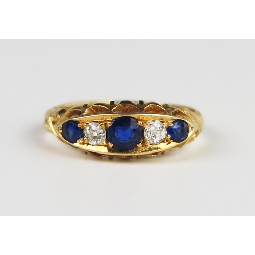 310A - A Victorian Gold, Sapphire and Diamond Five Stone Ring, Chester 1898, size M.5, 3.9 g, central stone... 