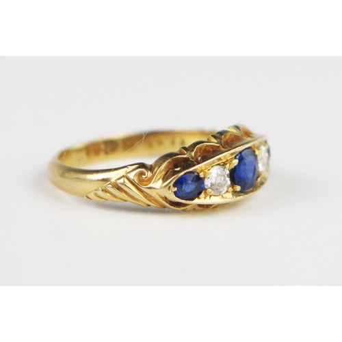 310A - A Victorian Gold, Sapphire and Diamond Five Stone Ring, Chester 1898, size M.5, 3.9 g, central stone... 