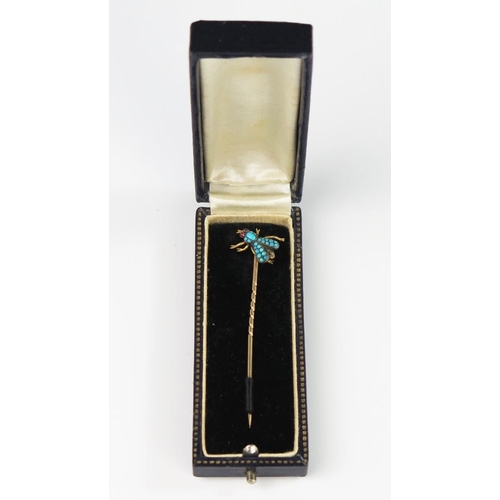 312 - A Cased Victorian Unmarked Gold, Turquoise and Cabochon Amethyst Bug Pin, 66mm long, 2.7g