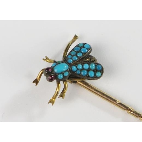 312 - A Cased Victorian Unmarked Gold, Turquoise and Cabochon Amethyst Bug Pin, 66mm long, 2.7g