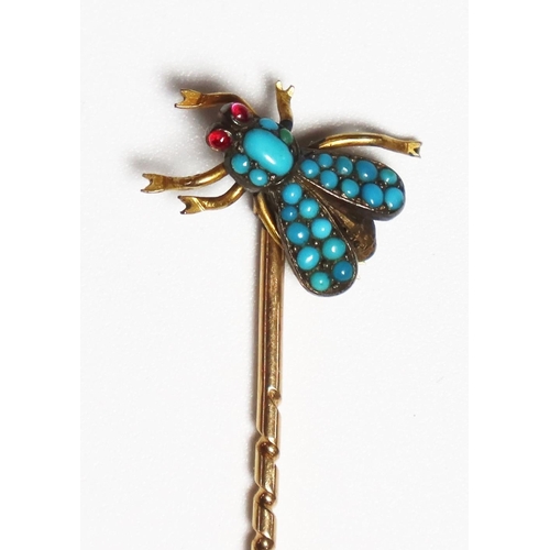 312 - A Cased Victorian Unmarked Gold, Turquoise and Cabochon Amethyst Bug Pin, 66mm long, 2.7g