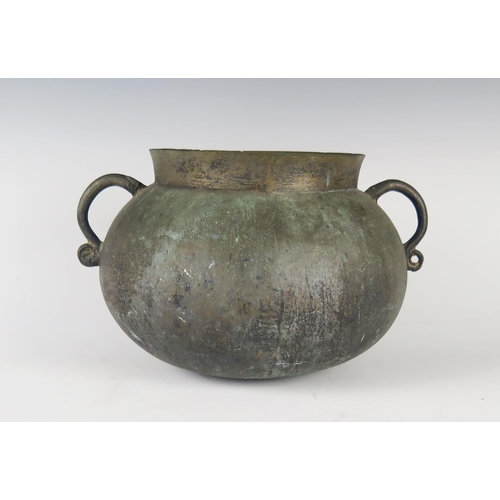 342 - An Antique Asian Bronze Vessel with two scrolling handles, 15.5(h) x 25.5(w) cm