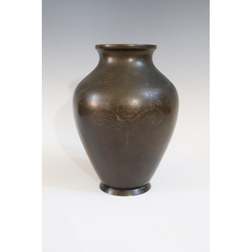 345 - A 19th Century Oriental Bronze Vase decorated with foliate silver wire inlay, 23.5 cm