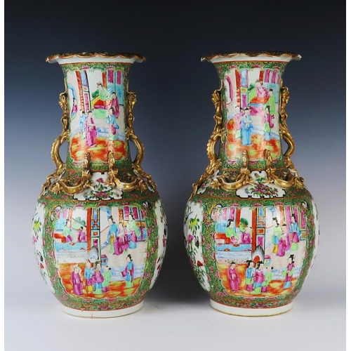 346 - A Pair of 19th Century Cantonese Export Ware Famille Rose Vases with applied gilt dragons, 42cm