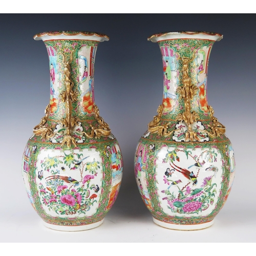 346 - A Pair of 19th Century Cantonese Export Ware Famille Rose Vases with applied gilt dragons, 42cm