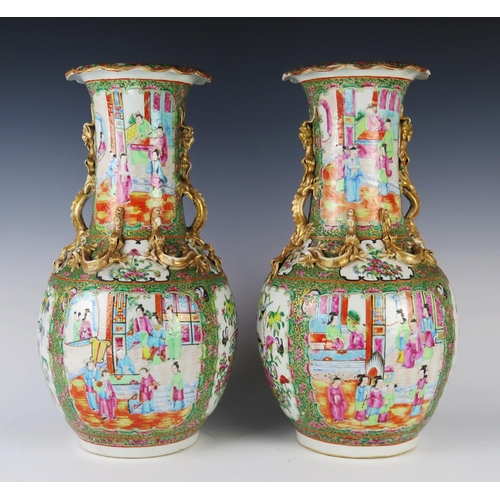 346 - A Pair of 19th Century Cantonese Export Ware Famille Rose Vases with applied gilt dragons, 42cm