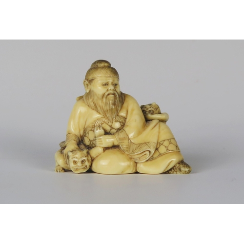 354 - A 19th Century Japanese Ivory Netsuke of a seated man with two devils, signed. **CONTAINS IVORY** UK... 