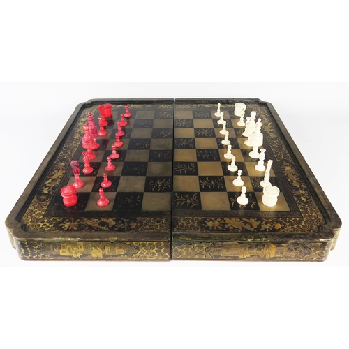 357 - A 19th Century Chinese Export Lacquer Chess or Draughts Set with the interior decorated for backgamm... 