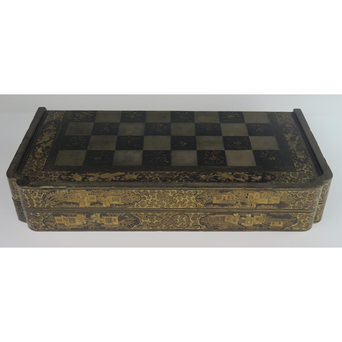 357 - A 19th Century Chinese Export Lacquer Chess or Draughts Set with the interior decorated for backgamm... 