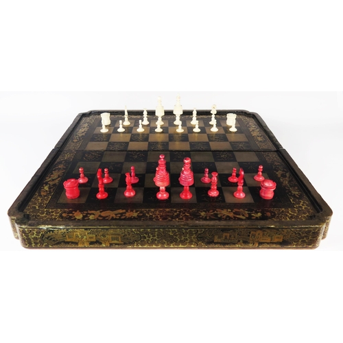 357 - A 19th Century Chinese Export Lacquer Chess or Draughts Set with the interior decorated for backgamm... 