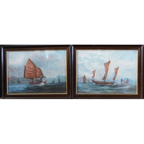 365 - A Pair of Chinese Paintings of Junks, gouache on canvas, framed & glazed, 66.5 x 51 cm