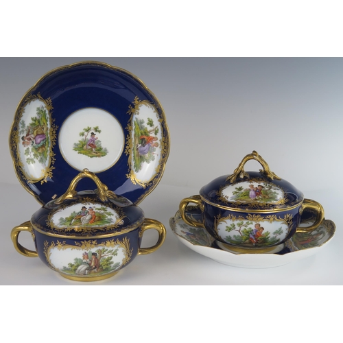 376 - A Pair of 18th Century Meissen Blue Lapis Ground Ecuelles and Covers with Saucers decorated with var... 