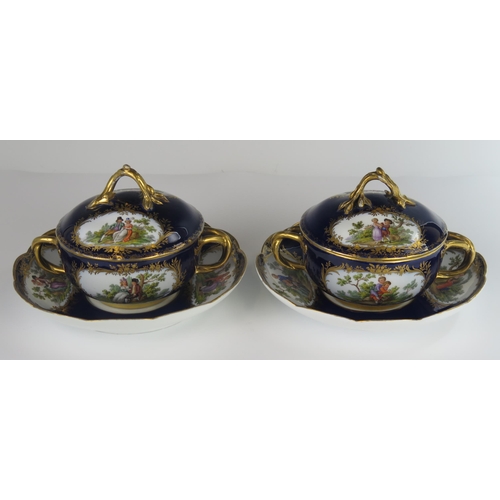 376 - A Pair of 18th Century Meissen Blue Lapis Ground Ecuelles and Covers with Saucers decorated with var... 