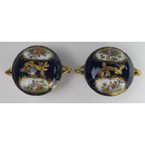 376 - A Pair of 18th Century Meissen Blue Lapis Ground Ecuelles and Covers with Saucers decorated with var... 