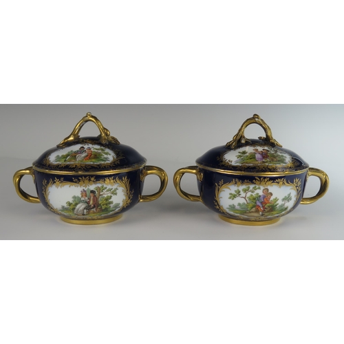 376 - A Pair of 18th Century Meissen Blue Lapis Ground Ecuelles and Covers with Saucers decorated with var... 