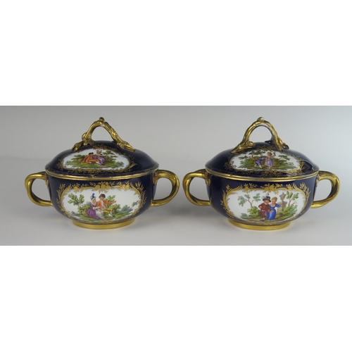 376 - A Pair of 18th Century Meissen Blue Lapis Ground Ecuelles and Covers with Saucers decorated with var... 