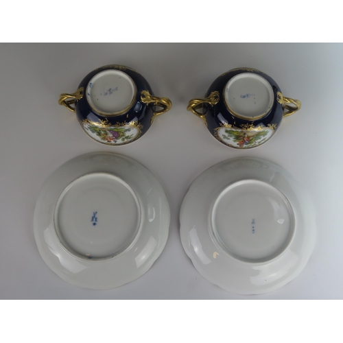 376 - A Pair of 18th Century Meissen Blue Lapis Ground Ecuelles and Covers with Saucers decorated with var... 