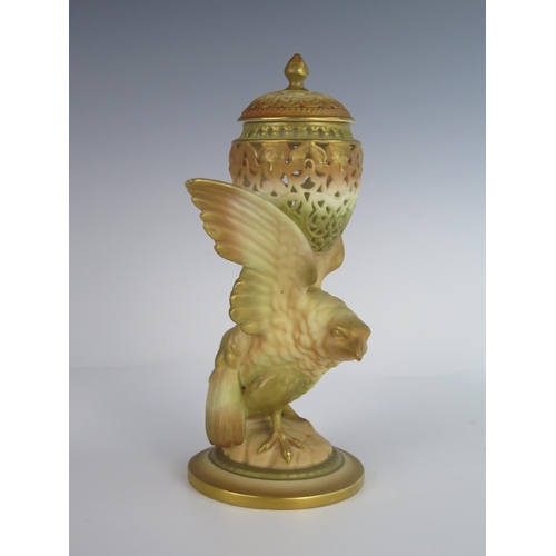 378 - A Royal Worcester Blush Ivory Reticulated Bird Potpourri with Cover, 1914 and marked C11, 22 cm