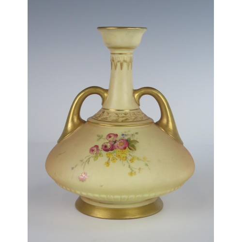 382 - A Royal Worcester Blush Ivory and Floral Decorated Vase, 1908 and marked 1747, 16.5 cm