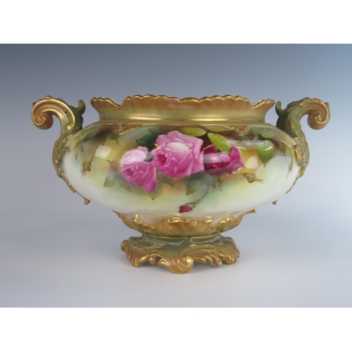 383 - A Royal Worcester Rose Decorated Bowl with twin scrolling acanthus handles, signed A. Lane, 1912 mod... 