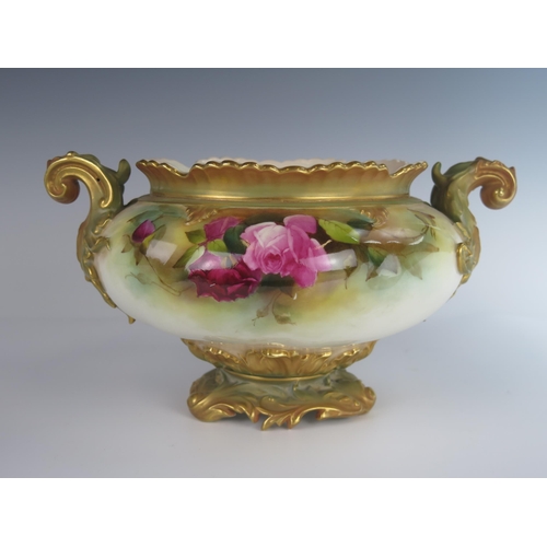 383 - A Royal Worcester Rose Decorated Bowl with twin scrolling acanthus handles, signed A. Lane, 1912 mod... 