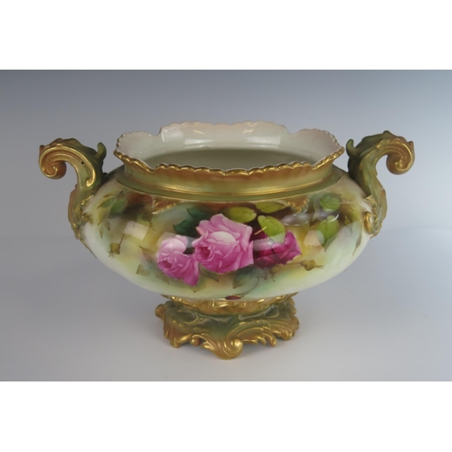 383 - A Royal Worcester Rose Decorated Bowl with twin scrolling acanthus handles, signed A. Lane, 1912 mod... 