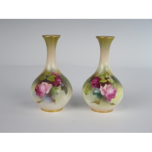 384 - A Pair of Royal Worcester Rose Decorated Specimen Vases, 1912 model 2491, 10.5 cm