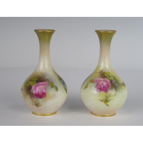 384 - A Pair of Royal Worcester Rose Decorated Specimen Vases, 1912 model 2491, 10.5 cm