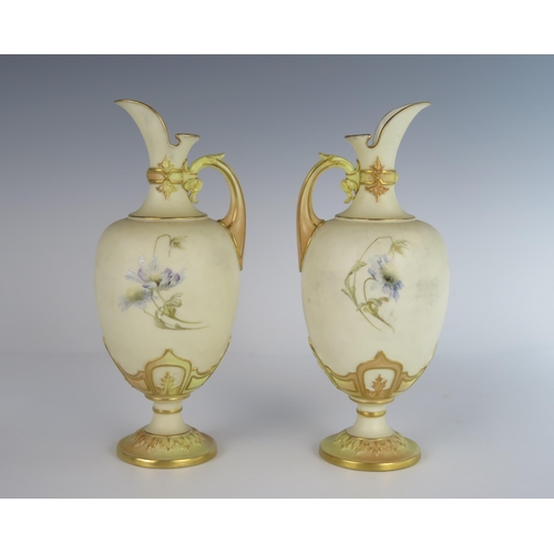 385 - A Pair of Royal Worcester Ivory Ground Floral Decorated Ewers, 1894 model 1581, 20 cm